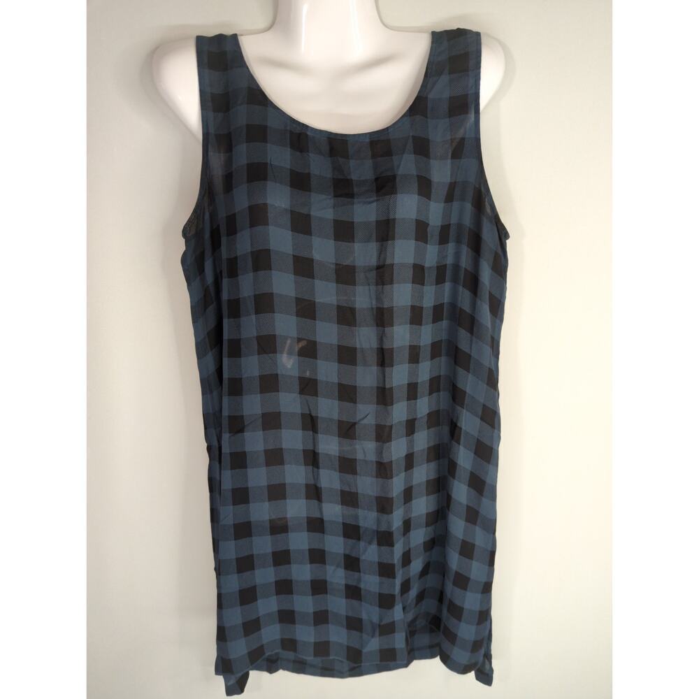 Eileen Fisher 100% Silk Blue & Black Plaid Silk Tunic Top Women's Medium preppy